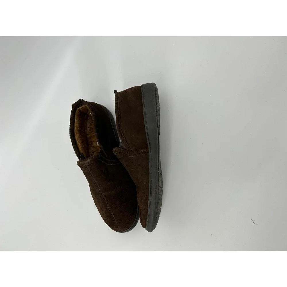 Minnetonka Suede Slippers Mens 12 Brown Excellent Faux Fur Lined Slip On 41622